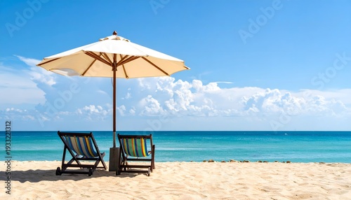 Sombrilla y sillas de playa frente a mar turquesa