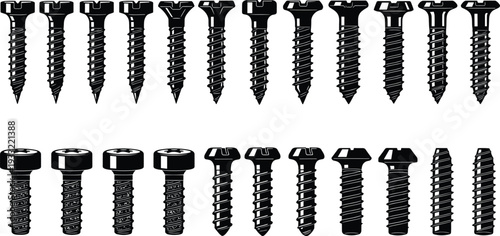 Screw silhouette set metal fastener collection bolt hardware tool icons isolated on white background