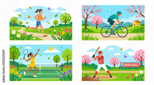 People enjoying outdoor sports and activities in spring