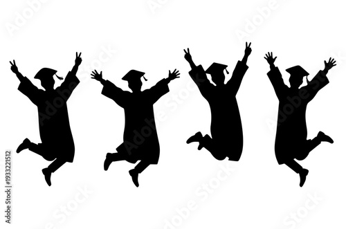 Happy graduates jumping silhouettes wearing gowns and caps