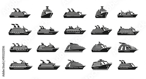 Collection of various cruise ships in black and white, side view.