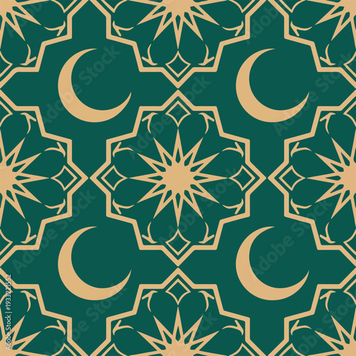 Seamless Islamic geometric pattern with crescent moons and starbursts