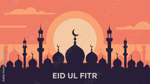 Silhouette mosque skyline with crescent moon and sun