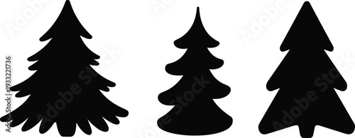 Collection of fir tree silhouettes with various evergreen shapes isolated on light background, minimal black Christmas tree vector illustration set