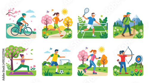 People enjoying outdoor activities in nature with sports and fitness