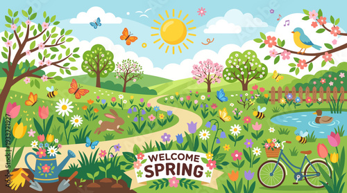 Vibrant spring landscape with blooming flowers and sunny day