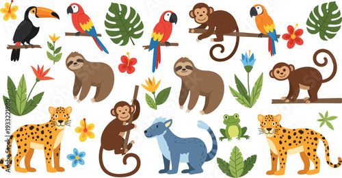 Cute Jungle Animals Cartoon Collection with Monkey, Sloth, Parrot, Leopard, Frog and Tropical Leaves Vector Illustration Set