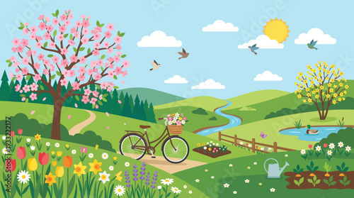 Vibrant spring landscape with blooming flowers and bicycle