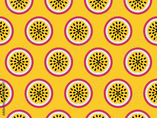 Seamless pattern of sliced passion fruit halves with yellow pulp and black seeds a vibrant yellow background