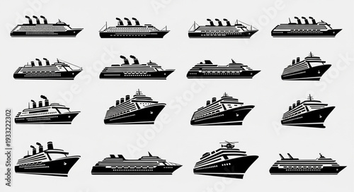 Collection of various cruise ship silhouettes in black and white, side view.
