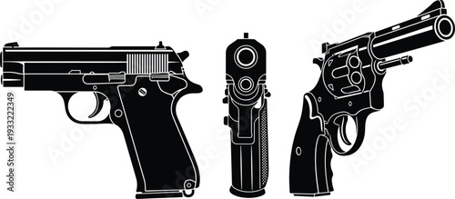 Three black silhouette firearms including a semi-automatic pistol and a revolver on a white background Keywords: gun, pistol