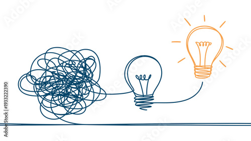 Tangled lines transforming into a bright idea lightbulb symbolizing problem solving and innovation