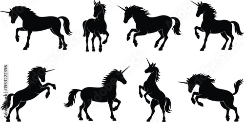 Collection of unicorn silhouettes in various rearing and standing poses isolated on white background, fantasy horse vector illustration set