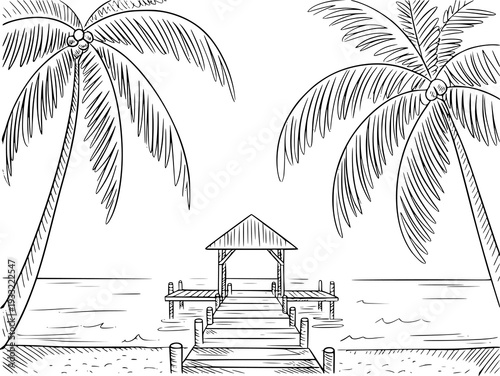 Tropical beach scene with palm trees and a wooden pier leading to a small hut over the ocean