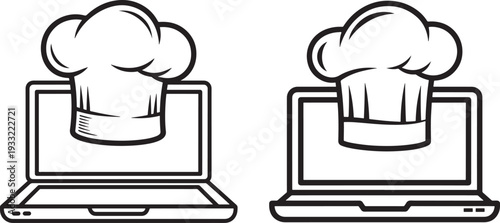 Two laptops with chef hats silhouette outline illustration