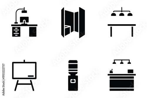 Office and Workspace Icons: Desk, Screen, Easel, Water Cooler