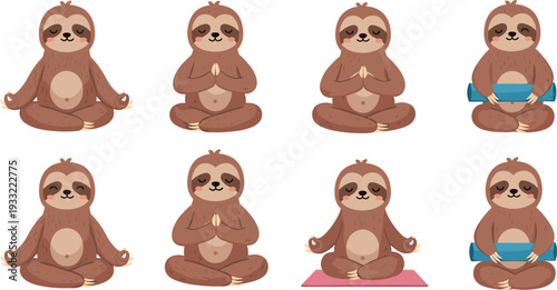 Cute Sloth Practicing Yoga and Meditation Poses with Lotus Position and Exercise Mat Cartoon Vector Illustration Set