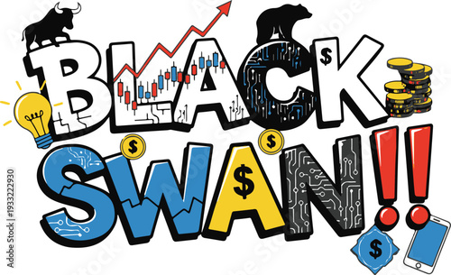 Black Swan Financial Typography with Bull and Bear Market Symbols, Stock Candlestick Chart, Currency Coins, and Digital Circuit Patterns on White Background for Economic Crisis and Trading Concept