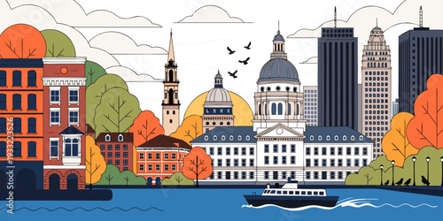 USA, US, U.S, United States - Boston skyline with autumn trees, panoramic flat vector