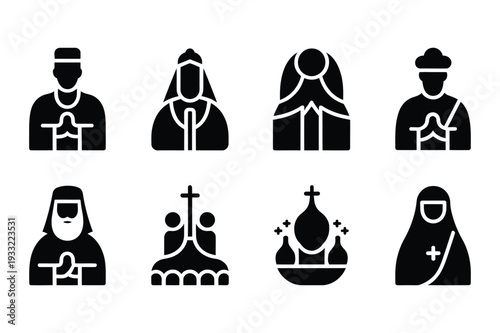 Religious Figures Icons: Clergy, Nun, Cross, Church Symbols