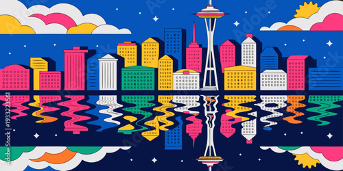 USA, US, U.S, United States - Seattle night cityscape, neon reflections on water, panoramic flat vector 