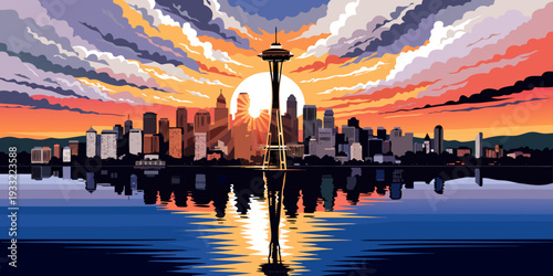 USA, US, U.S, United States - Seattle skyline at sunset, Space Needle silhouette, Puget Sound reflection, ultra-wide vector