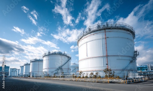 Large Industrial Oil Storage Tanks at Modern Facility Under Clear Blue Sky