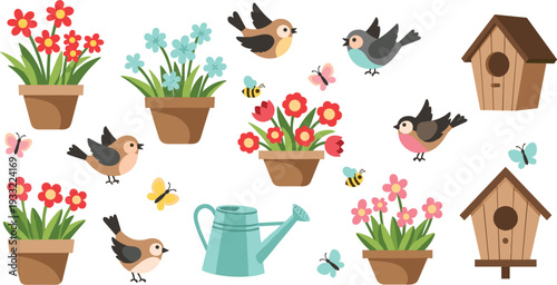 Spring Garden Elements with Flower Pots, Cute Birds, Butterflies, Bees and Birdhouses Cartoon Vector Illustration Set