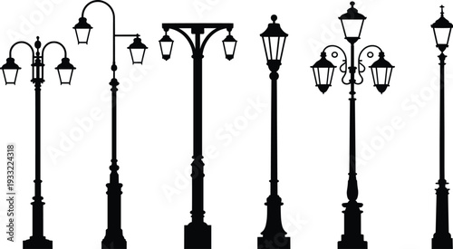 Vintage street lamp silhouettes collection, ornate lantern posts, classic urban lighting icons, decorative architectural vector shapes for nostalgic design inspiration