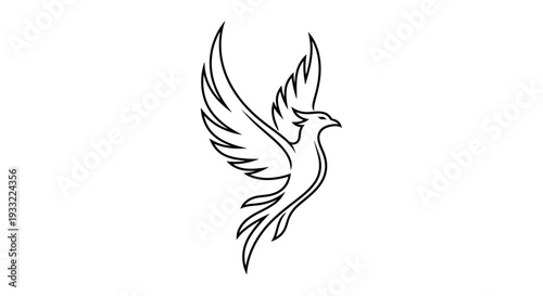 Elegant flying bird line art illustration. Stylized black outline graphic concept depicting freedom, peace, and soaring spirit.