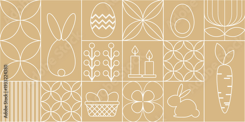 Minimalist Easter pattern featuring bunny, Easter egg, carrot, candles, basket with eggs, floral shapes, and geometric ornaments