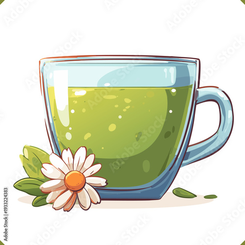 Vector illustration of matcha herbal drink in a cup with chamomile flowers and mint leaves, healthy organic beverage isolated on a white background