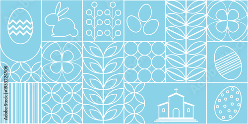 Minimal blue Easter seamless pattern featuring white outline icons including bunny, decorated eggs, church and floral motifs. S