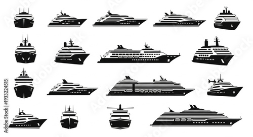 Collection of various cruise ships and vessels in silhouette style.