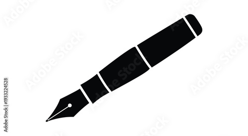 Fountain pen silhouette, sleek black pen icon on white background, minimal design for writing, office, and stationery branding, simple professional vector illustration isolated.