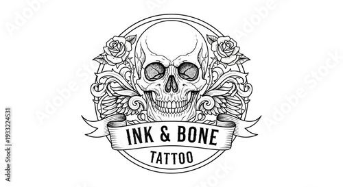 Detailed Vintage Tattoo Design with Skull, Roses, and Wings. Retro Hand-Drawn Emblem Illustration.