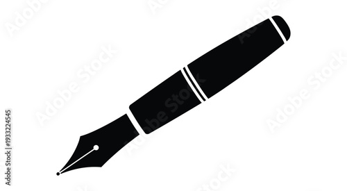Striking black fountain pen design displayed against a white background, minimalist silhouette, writing instrument symbol, elegant stationery and calligraphy concept, clean modern vector illustration.