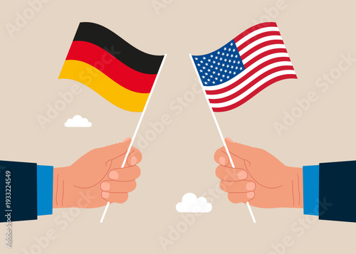 Bilateral political relations. Two flags of friendship. Businesspeople united between Germany and its friendly countries USA. Flat vector illustration.