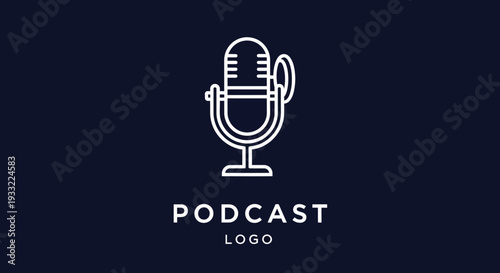 Sleek vector outline of a vintage microphone, suitable for a podcast logo, audio recording, broadcasting, or digital content branding on a dark background.