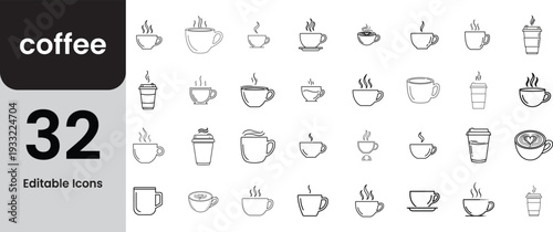 Collection of 32 black and white coffee cup illustrations