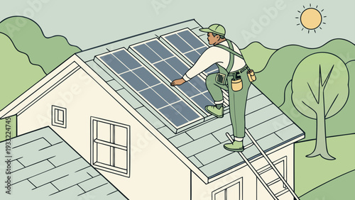 Man installing solar panels on a house roof with a sunny landscape background