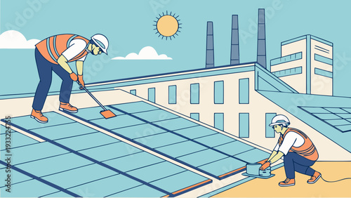 Workers installing solar panels on a rooftop on a sunny day installation