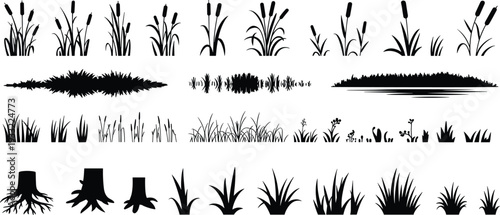 Grass and cattail silhouettes set with pond, bushes and tree stumps isolated on white background, black nature vector collection for landscape design