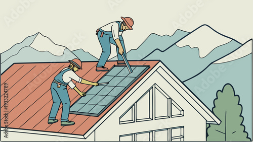 Workers installing solar panels on a house roof with mountains in the background