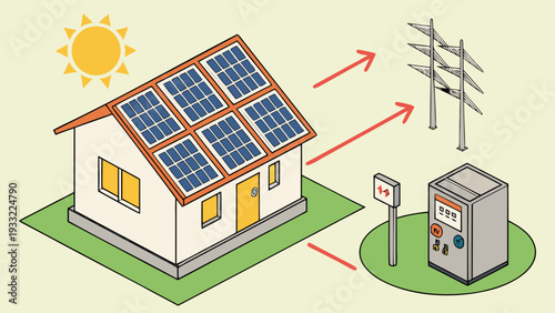 Residential solar panel system connected to the power grid and electricity meter