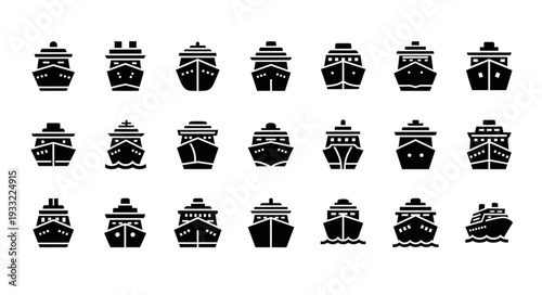 Collection of various cruise ship icons in black color, front view, isolated on white background.
