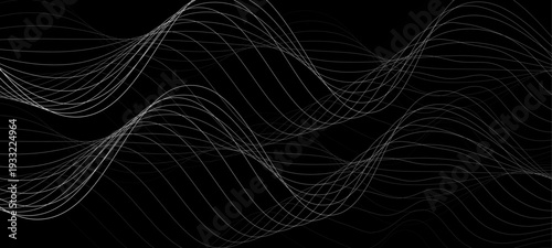 Elegant Abstract Monochrome Wave Line Vector Background Featuring Flowing Curved Strands, Dynamic Light Trails, and Futuristic Minimal Black and White Digital Soundwave Pattern Design