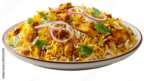 A plate of delicious chicken biryani garnished with onions and herbs isolated on transparent background