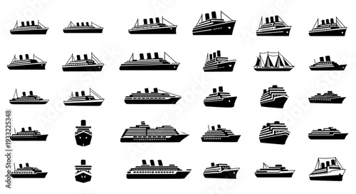 Collection of various cruise ships and vessels in silhouette style, isolated on white background.
