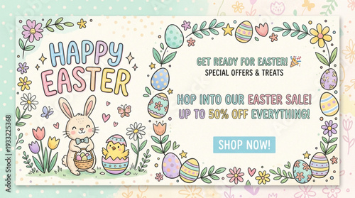 Easter sale banner with happy bunny eggs flowers spring shopping promotion vector illustration
